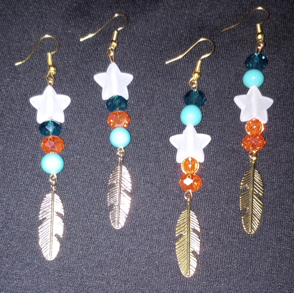 TS Inspired TLOAS Earrings Orange Teal Opalite Star Bead Feather Charm Handmade